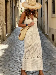 Women's New Summer European-American Style Solid Color Knitted Hollow-Out Long Vest Swimwear Cover-Up Dress
