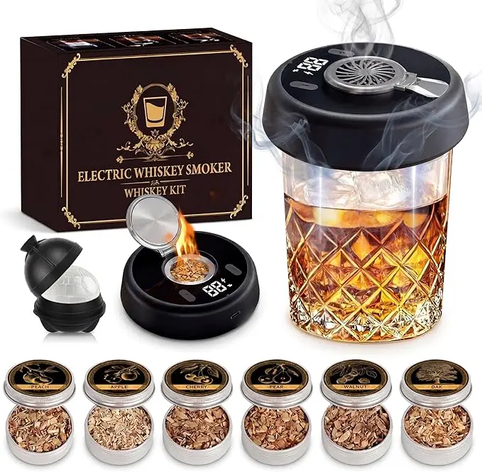 2026 Electric Whiskey Smoker Kit with LED Display,Rechargeable Drink Infuser Set with 6 Wood Chips & Ice Mold,Cocktail Smoker for Old Fashioned & Bourbon,Gifts for Men, Dad, Husband