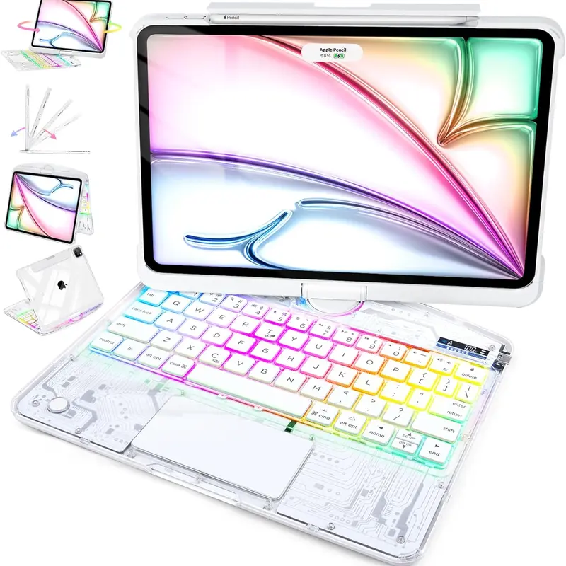 Transparent White Keyboard Case Compatible with (8.3'/10.2'/10.9'/11'/12.9'/13 inch )ipad 7-11th(A16)/ipad air(2022-2026) / ipad pro (2018-2025) and ipad mini ,Touch 360°Rotatable High-strength acrylic, impact-resistant,Backlight &Pencil Holder, Accessor