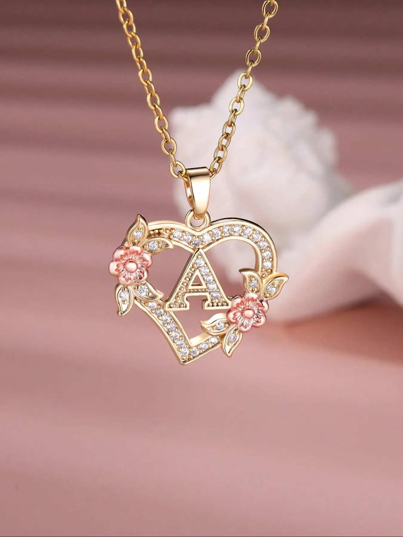Mother's Day Gift Fashion Flower & Heart Design Initial Pendant Necklace for Women for Gift, Rhinestone Decor Necklace, Girl's Gift Accessory for Daily Use Party, Letter Necklace, Rhinestone Decorated Necklace