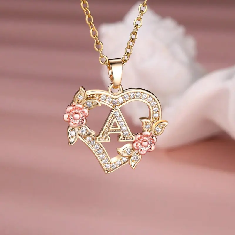 Mother's Day Gift Fashion Flower & Heart Design Initial Pendant Necklace for Women for Gift, Rhinestone Decorated Necklace, Girl's Gift Accessory for Daily Use Party, Letter Necklace