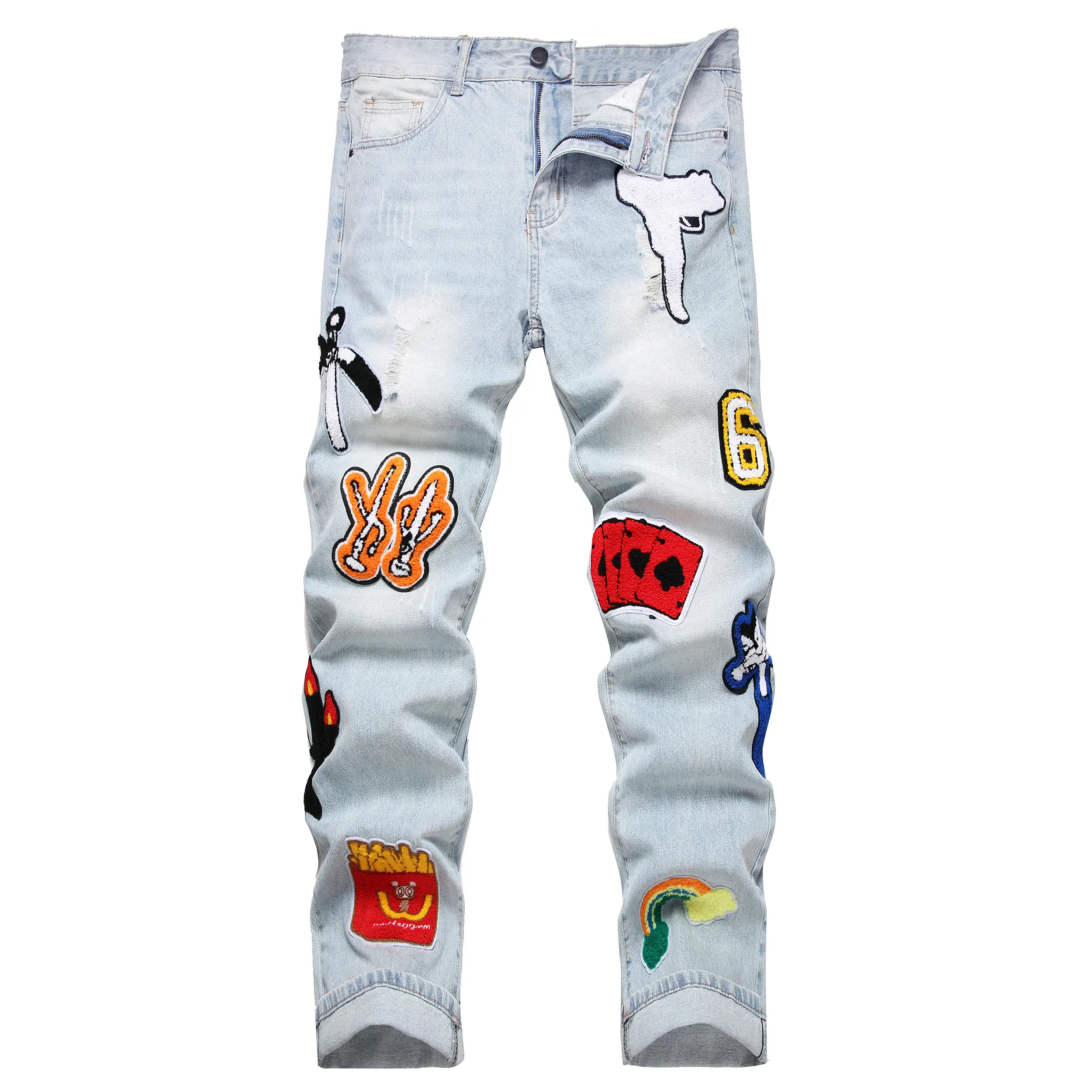 Men's Badge Straight Fit Jeans Multi-Design Light Blue Denim Pants