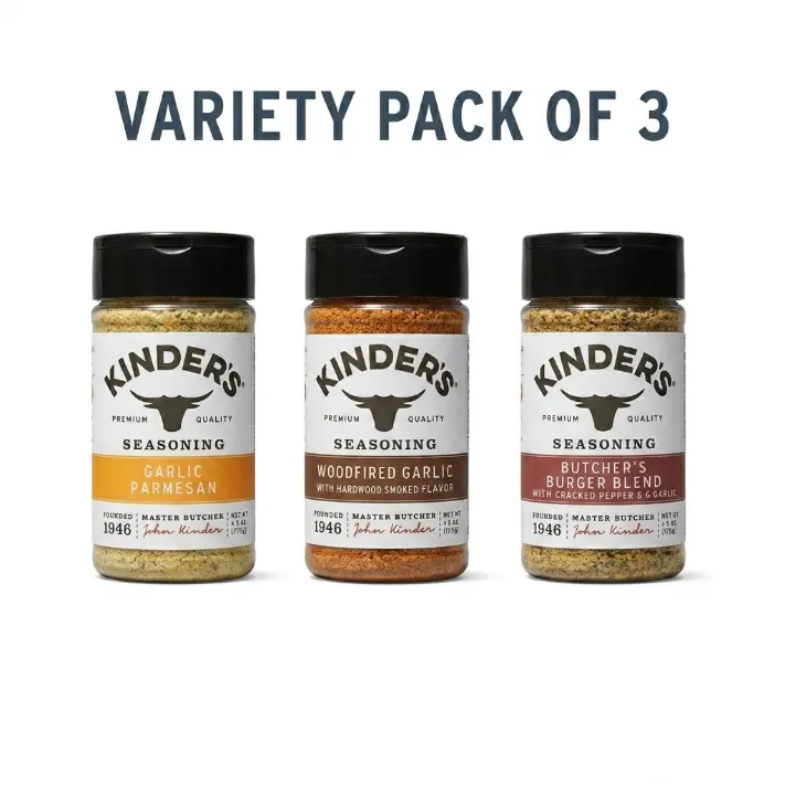 Kinders Variety Pack of 3 Seasonings - Garlic Parmesan 5.8 oz , Woodfired Garlic 6 oz, Butcher's Burger Blend 5.5 oz - Premium Quality Flavor Spice