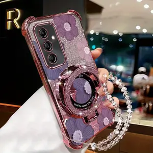 Pearl Strap Lanyard A35 5G Durable Protective Transparent Magnetic Glitter Phone Holder Case Compatible With for Samsung Galaxy A35 5G Elegant Purple Flowers Case Cover for Popular