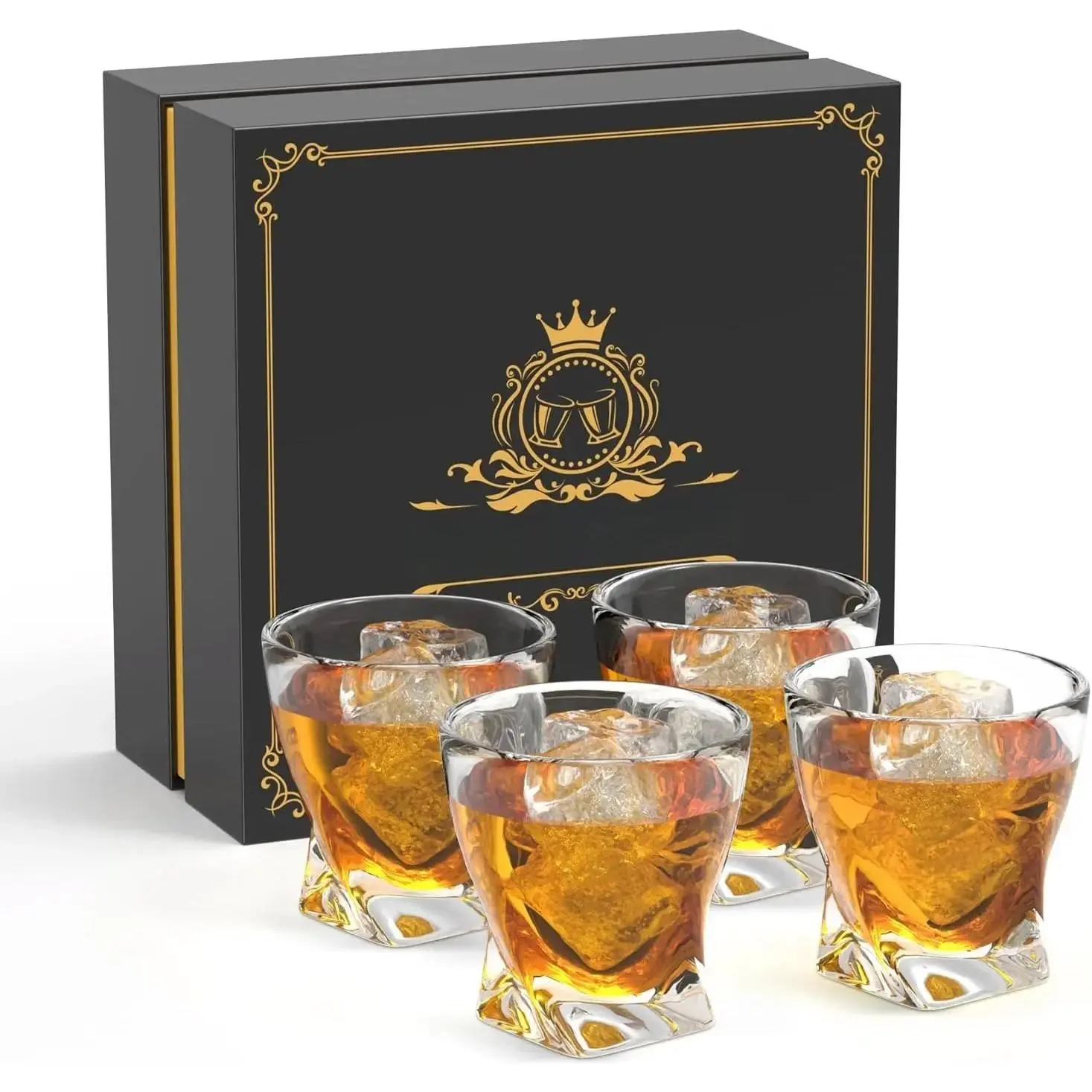 Thick 4-Piece 10 oz Transparent Crystals Whiskey Tumbler Glassware Set, Stylish Drinkware, Luxury Boxed Old Fashioned Lowball Rocks Glasses for Bachelor Party Gifts, Scotch Bourbon Cocktail Liquor
