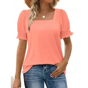 Women's Fashion Lantern Sleeve Square Neck Tee Loose Casual Short Sleeve Elegant Summer Tops