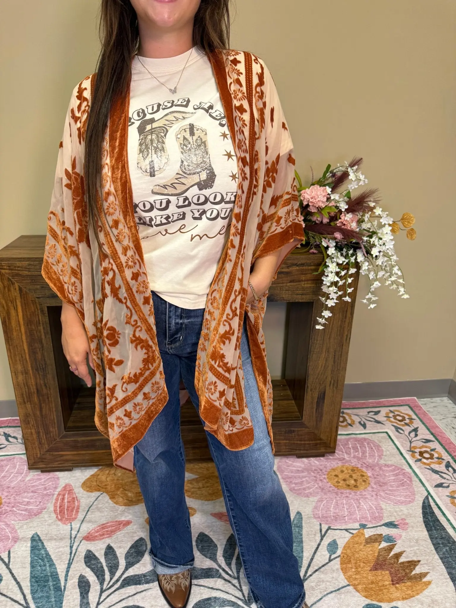 Velvet Flowly Burnout Floral Kimono - Boho Chic All-Seasons Sheer Beige & Burnt Orange Floral Print Lightweight Fabric Women's Beach Cover-Up
