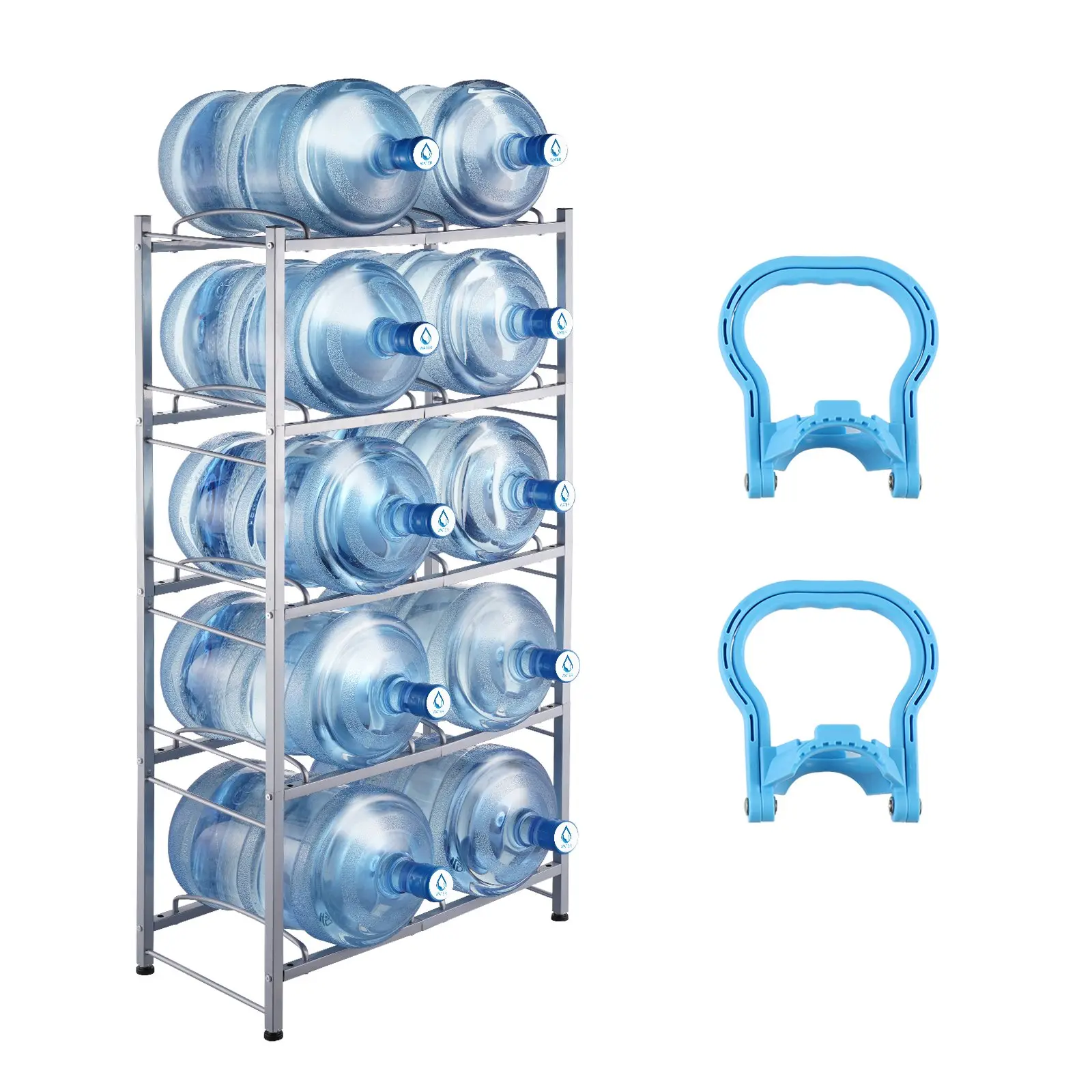 【Summerfinds】 VEVOR 5 Tiers Water Jug Holder, 5 Gallon Water Bottle Holder, Double Row Water Bottle Rack for 10 Bottles, Heavy Duty Water Jug Rack for Kitchen, Office, Living Room, Silver Graydealsforyoudays