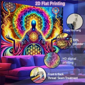 Meditation Spiritual Pattern Blacklight Tapestry Mandalas Large Tapestry Wall Hanging For Bedroom Living Room Psychedelic UV Reactive Home Decor Washable Polyester Glow In The Dark Wall Decor With Free Installation Package Home Aesthetic Wall Tapestries