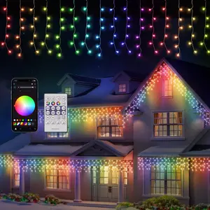 Quntis 5x0.6m/10x0.6m Transparent Wire Multicolor LED Icicle Lights with Remote Smart Control APP Custom Colors Modes Music Sync Christmas Holiday Icicle Lights for Christmas Festive Decor Ornaments Decoration