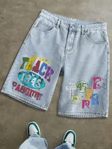 Men's Light Blue Letter Print Casual Denim Dad Shorts, Loose Straight Fit, American Street Style, Comfortable and Versatile Gift Idea
