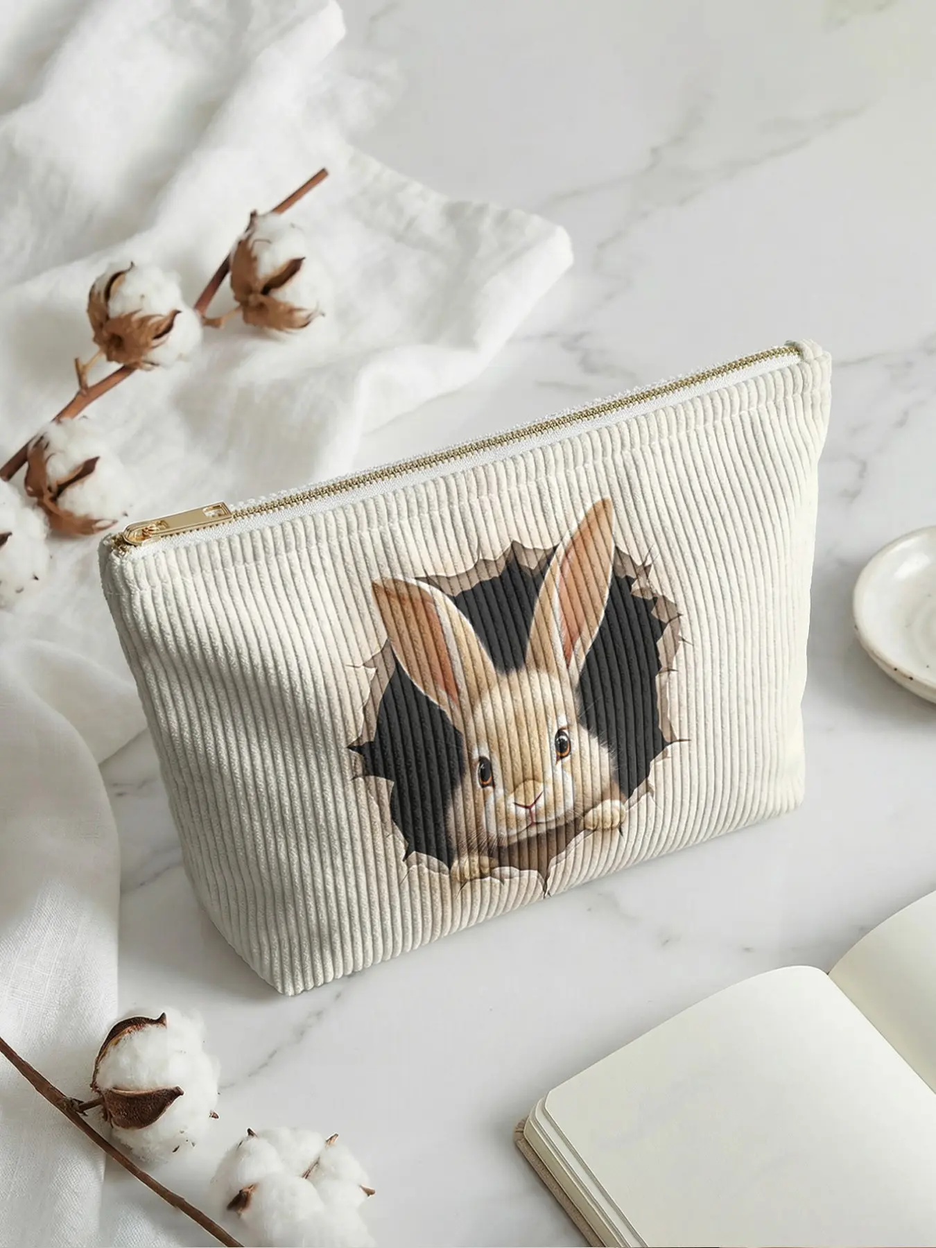 Rabbit Print Corduroy Makeup Storage Bag with Zipper, Cartoon Style, Cute Lightweight Multi-Functional Fashion Casual Cosmetic Pouch, Travel Organizer