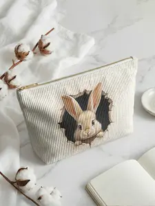 Rabbit Print Corduroy Makeup Storage Bag with Zipper, Cartoon Style, Cute Lightweight Multi-Functional Fashion Casual Cosmetic Pouch, Travel Organizer