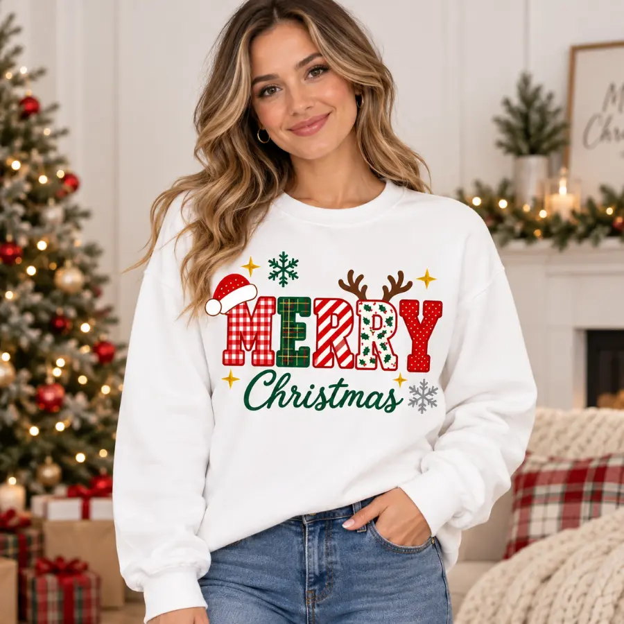 Women's Casual Fitted Merry Christmas Crewneck Sweatshirt - Soft, Comfortable, Cozy, Warm, Breathable, Festive Holiday Graphic Top, Unisex Winter Gift Style