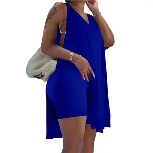 Women's Plus Size 2 Piece Outfits Sleeveless Tunic Tops and Bodycon Biker Shorts Sets Tracksuits Womenswear Casual Clothing Garment