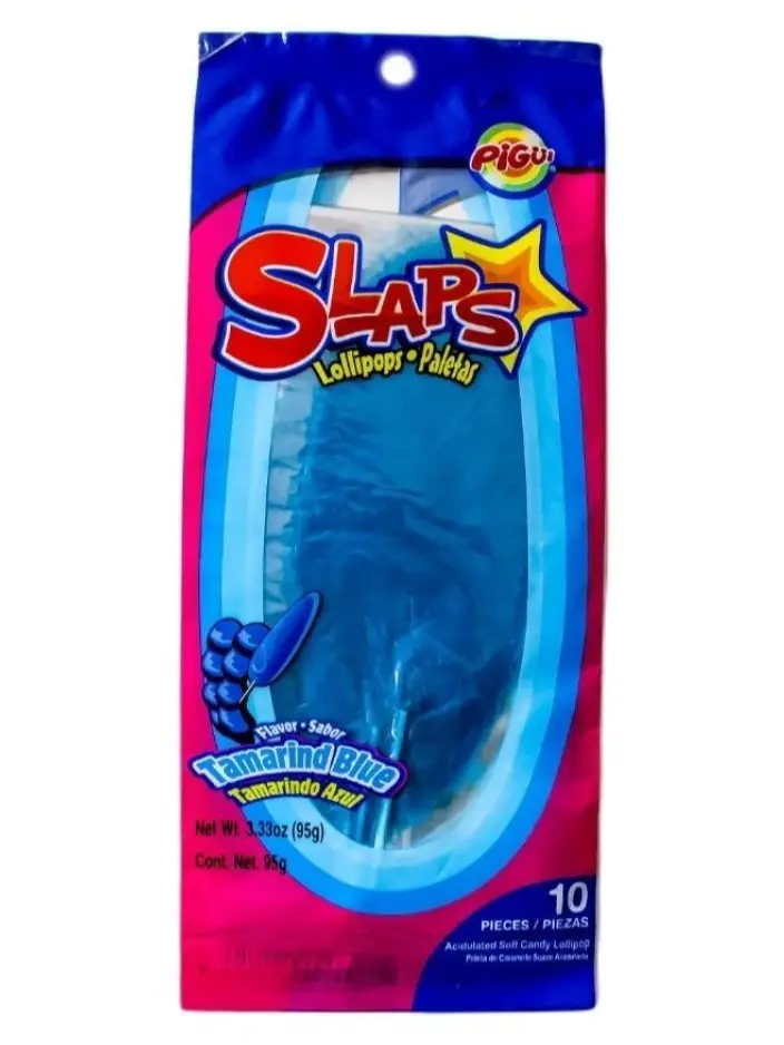 Dulces Pigui Slaps Tamarind Blue Flavor Paletas Mexican Candy (10 Lollipops)