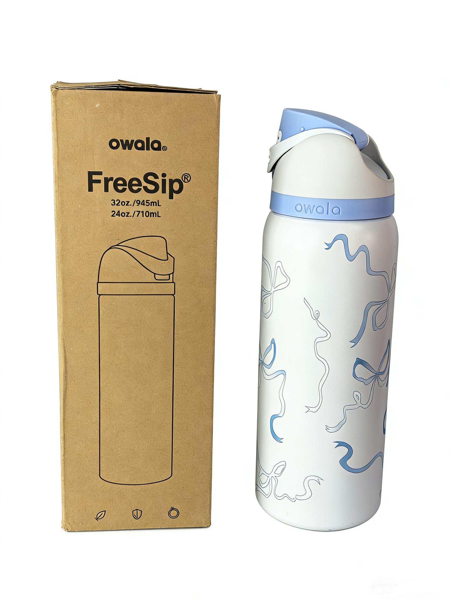 Owala 32oz Limited Edition FreeSip Water Bottle CuteBlue Bow Design Insulated Stainless Steel 24H Cold Leak-Proof with Straw Drinkware Flasks Tumbler Portable MugStylish Bottled