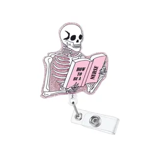 Skeleton Reading Book Design Badge Holder, Cute Retractable Badge Reel, Creative Badge Holder for School Hospital Workers Daily Party Wear, Halloween, Nurse Badge Reel