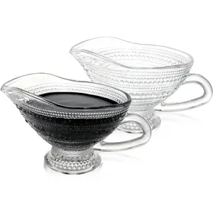 2 Pack 12 oz Glass Gravy Boat Clear Hobnail Gravy Bowl with Handle Vintage Embossed Serving Dish for Sauces Salad Creamer Milk Thanksgiving Christmas Dishwasher Safe