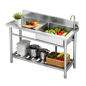 47.3" Stainless Steel Utility Sink, Freestanding Single Bowl Sink with Storage Shelf, Faucet & Hot/Cold Water Lines, for Kitchen, Laundry Room, Garage, Workshop, Garden & Outdoor Use