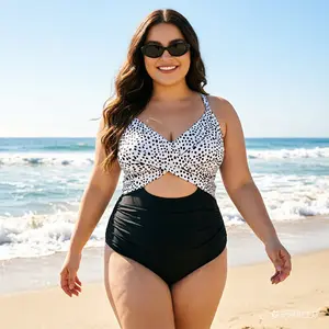 FreeBody plus-size polka dot color-block one-piece swimsuit, ruched waist/tummy control swimwear, crisscross twist knot front panel with cutout design, figure-flattering plus-size swimsuit, cross back tie straps with bow detail, mom swimwear,tankini women