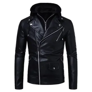 Men’s fashionable black PU leather jacket — a versatile, stylish black mid-length hooded motorcycle leather jacket with a stand-up collar for winter, suitable for casual wear. In addition to keeping men warm