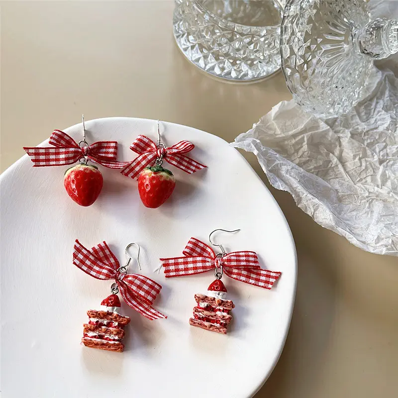 Korean Sweet Cute Strawberry Ribbon Bowknot Drop Earrings for Women Cute Fruit Cake Cup Dangle Earring Girls Lovely Jewelry Gift
