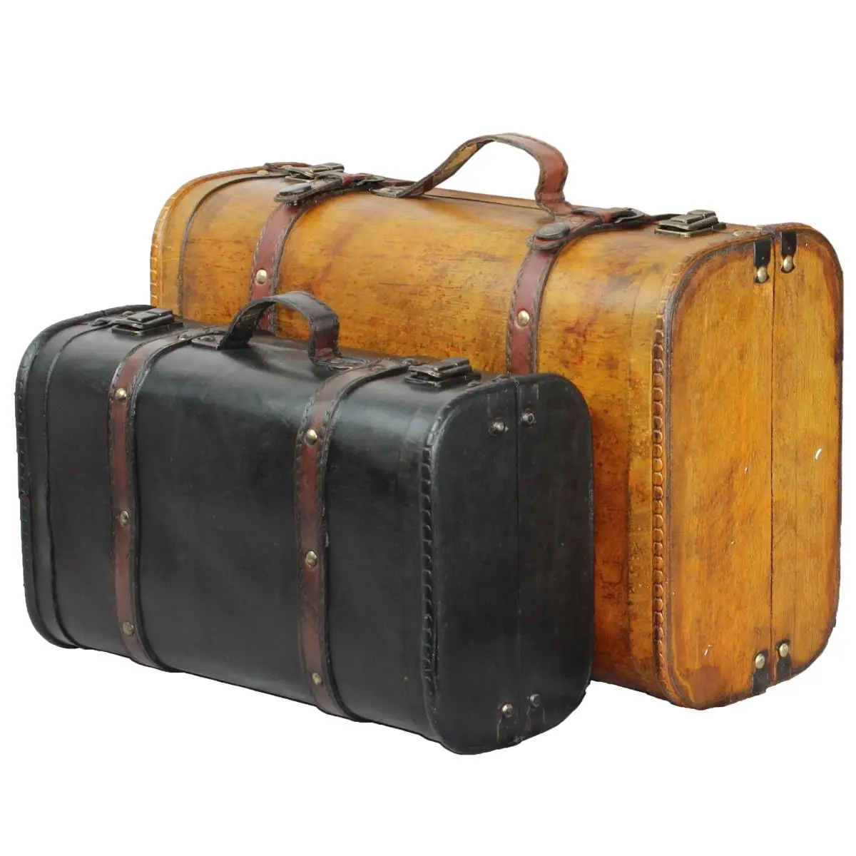 Vintiquewise Vintage 2-Piece Steamer Trunk Set with Leather Trim and Antique Hardware, Multi-Color Decorative Storage for Home Decor, Plywood