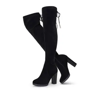 VEPOSE 996 Women's Chunky Heel Platform Thigh High Suede Boots - Trendy Footwear Leg Lengthening Rubber Sole