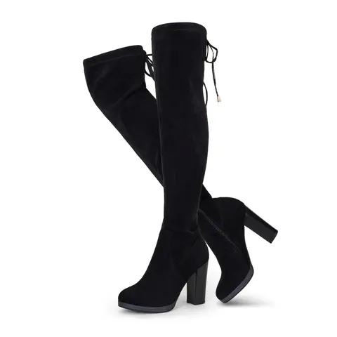 Summervibes VEPOSE 996 Women's Elegant Chunky Heel Suede Thigh High Boot Shoes - Almond Toe, Side Partial Zip for Quick On/Off, Cushioned Insole, Leg-Lengthening Rubber Sole Platform, Comfortable Heels for Women