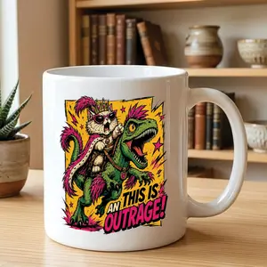 Dungeon Crawler Carl Princess Donut Coffee Mug, "This Is An Outrage" Retro Comic Pop Mug, LitRPG Bookish Dinosaur Raptor Ceramic Cup