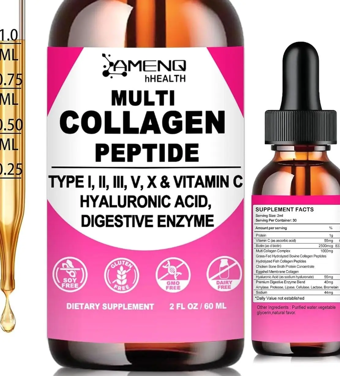 Multi Collagen Peptides Liquid Drops for Women & Men, Hydrolyzed Collagen Peptides Type (I, II, III, V, X)Proteins Complex W. Hyaluronic Acid, Biotin & Vitamin C, Support Hair Skin Joint & Gut Health
