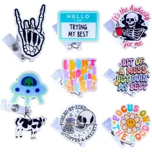 BY-285 8PC Casual Meme Themed Badge Reel Holder - Convenient Retractable 24" Cord Alligator Clip ID Card Holder with Colorful Prints, "Bit of a Mess But Doing My Best" Design for Nurses, Birthday Colleague Gifts
