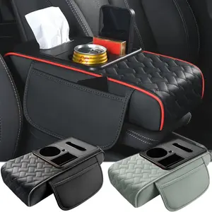 Thickening Car Armrest Cushion with Cup Holder Phone Mount Storage Bags Tissue Box Slot, Memory Cotton Leather Center Console Cover, Multifunctional Universal For BMW Chevrolet Ford Honda Jeep Nissan Toyota Mercedes-Benz Hyundai VW