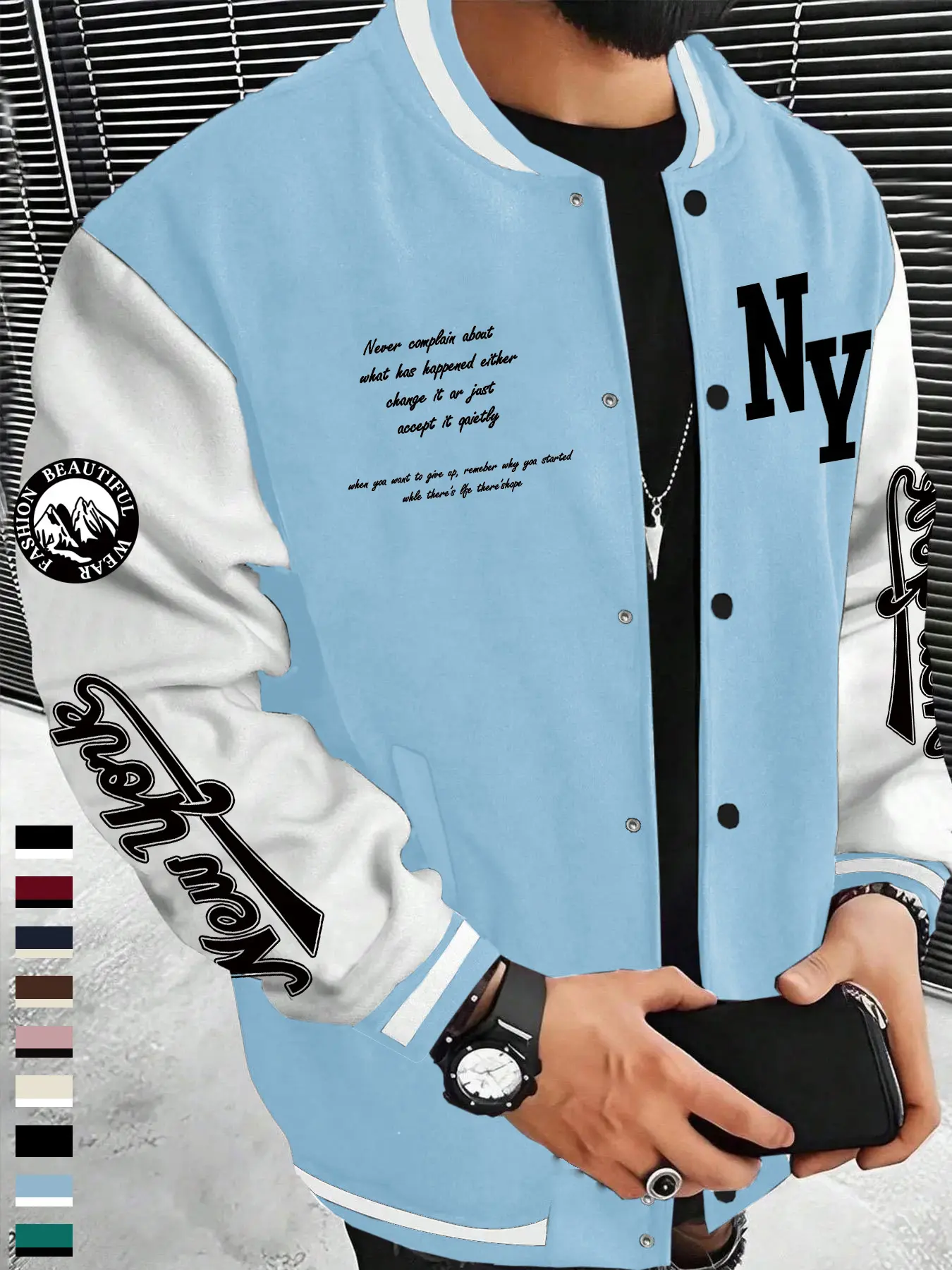 Men's Long Sleeve Colorblock Graphic Knit Baseball Jacket Coats, Retro American Style with Inspirational Elements, Casual & Fashionable Design for Daily Wear