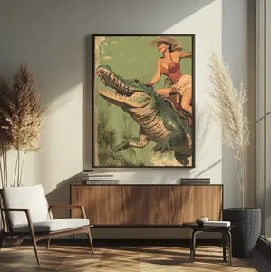 Vertical Americana Swamp Poster, Vintage Alligator Art Wall Decor, Western Woman Riding on Gator Print, Matte Horizontal Posters, Gift Ide
