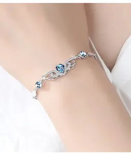 S925 Sterling Silver Plated White Gold Angel Wing Bracelet for Women, Blue Heart Crystal Charm Bracelet, Adjustable Dainty Jewelry Gifts for Her, Birthday Valentine Anniversary Christmas Mother Daughter Girlfriend Wife Teen Girls Party Bridal Prom CZ