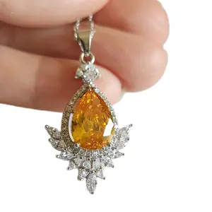 New 925 Silver Filled Pear Cut Citrine Diamond Necklace for Women Pendant and Chain