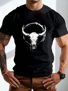 Men's Plus Size Western Bull Skull Print T-Shirt - Short Sleeve Round Neck Casual Tee Suitable for Big & Tall Guys, - Comfortable Daily Wear & Outdoor Outfits, Machine Washable Bull Skull & Crossbones Apparel