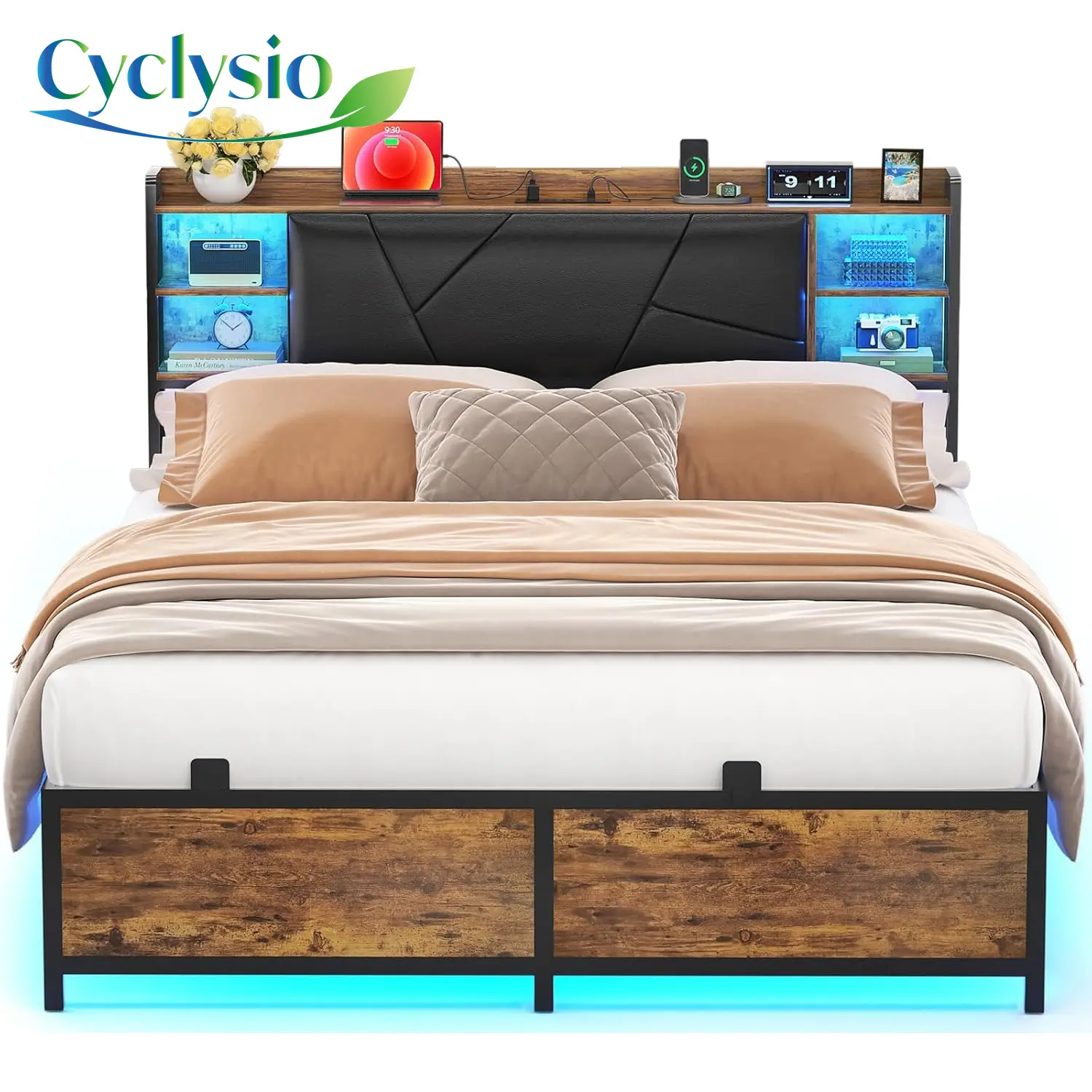 Cyclysio Smart LED Full Size Bed Frame, Upholstered Headboard Platform Bed with Charging Station, Sturdy, Noise-Free, Easy Assembly, Smart Led Bed