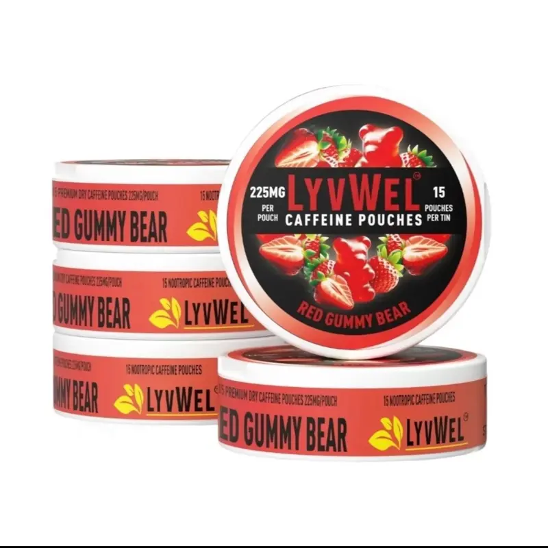 5 Pack-RED GUMMY BEAR Caffeine pouches with-225 mg. 15 pouches per Jar. Energy Sport Beverage Nootropic Drink with Gummy Bears free healthy evergy c affine