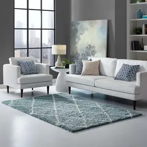 Modway Toryn Diamond Lattice 5x8 Shag Area Rug in Aqua Blue and Ivory