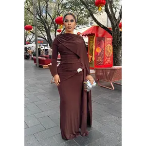 Jenny long sleeve evening Gown-Brown