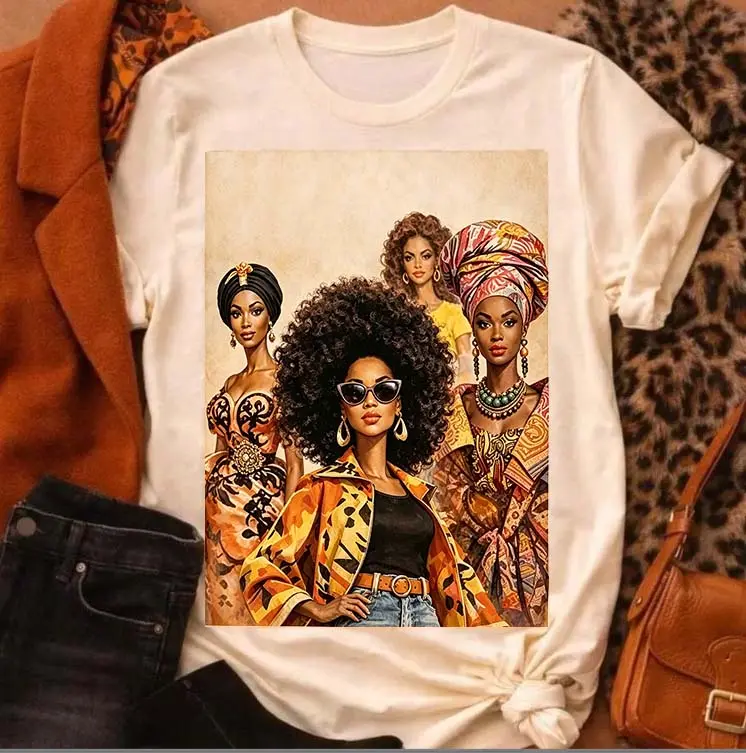 Women's Casual Short-Sleeve Cotton Fabric Fit Afrocentric Vintage Magazine Graphic T-Shirt - Glamour Fall Art Tee GiftSunset Valley Store1 PO