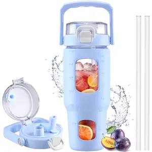 BLUEGO 32 40oz Glass Tumbler with Lid and Straw, Glass Water Bottles with Handle, Glass Cup with Time Marker and Silicone Sleeve, Fits Most Cup Holder, Leak-proof