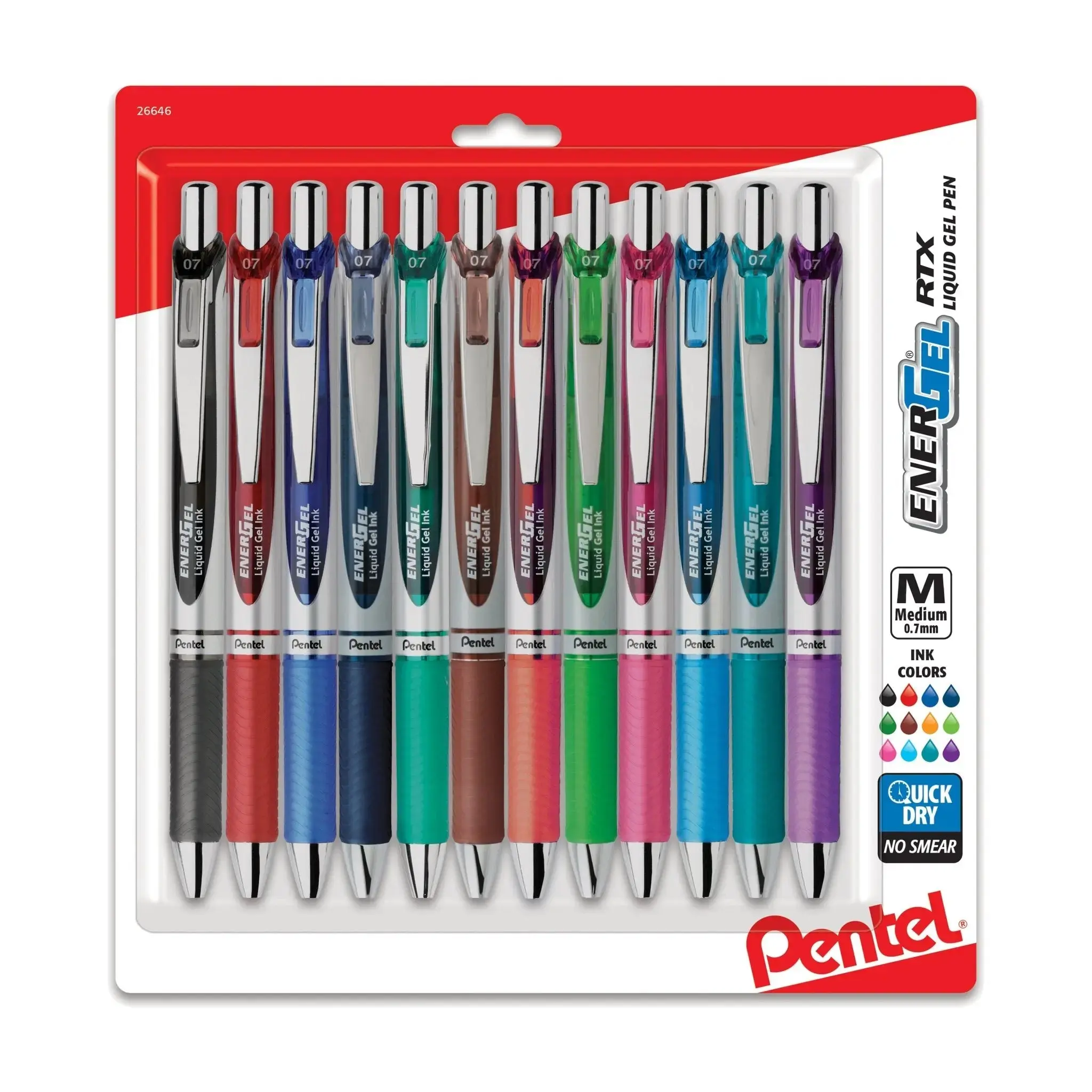Pentel EnerGel RTX Refillable Liquid Gel Pens Set - 0.7mm Tip, Assorted Colors Including Purple, 12-Pack Sustainable Eco-Friendly Multi Color Writing Pens for Office Stationery