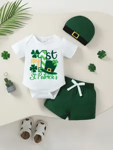 Saint Patrick's Day 3-Piece Set Outfit, Cute Four-Leaf Clover Print Round Neck Short Sleeve Jumpsuit and Shorts Hat, Baby Boy for Spring Summer