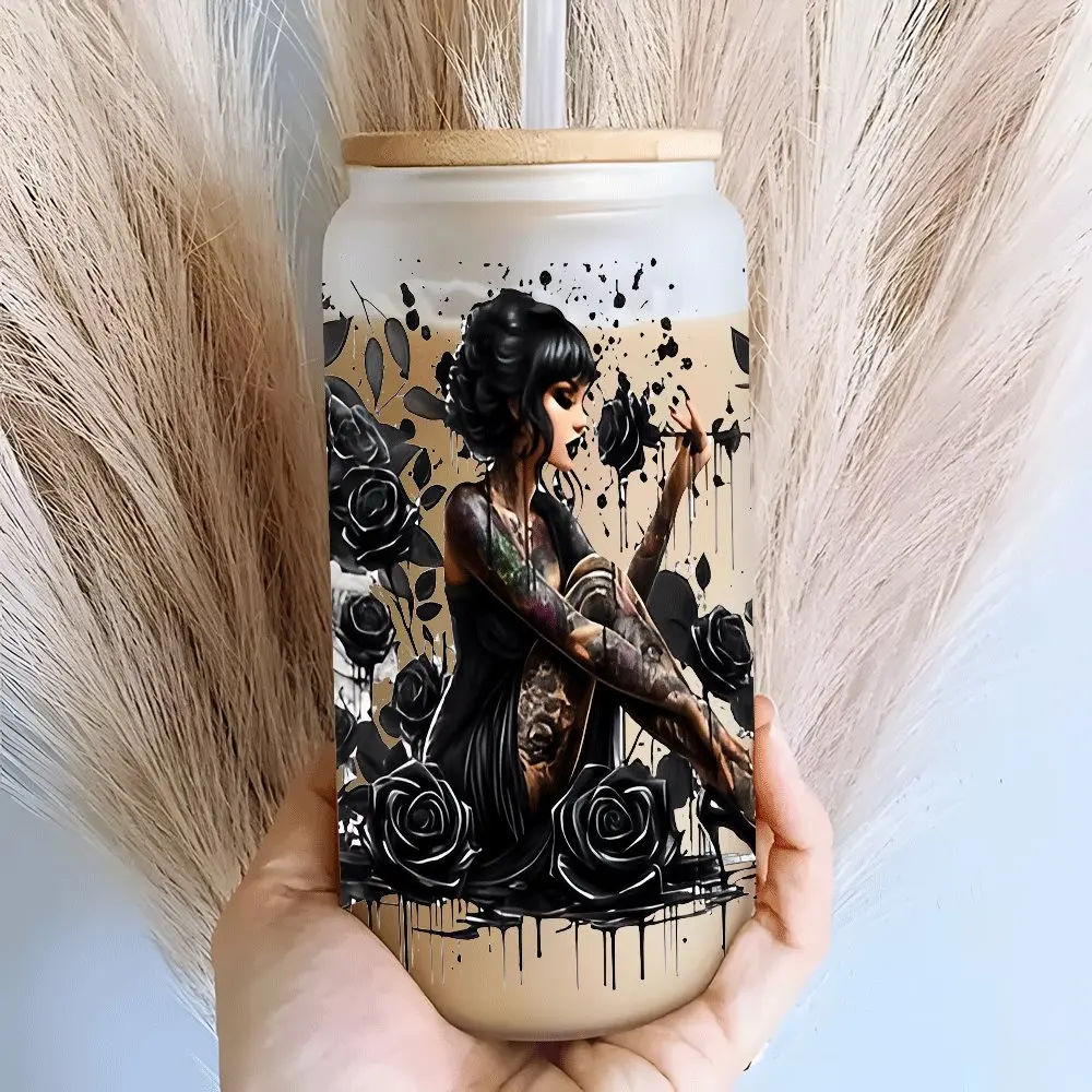 Gothic Black Rose Tattooed Girl Glass Tumbler with Lid & Straw, Cup with lid and straw, Leakproof Tumbler, 16oz reusable glass drinking cup, glass jar design, suitable for iced coffee, cold drinks, glassware