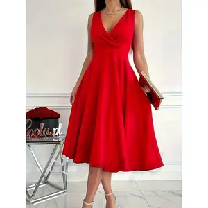 Beautiful women's clothing Elegant Women's Midi Dress - V-Neck, Sleeveless with Ruffle Hem & Waist Detail, Perfect for Parties & Cocktails, Machine Washable