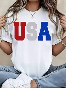 4th Of July Shirt Patriotic Clothes Women Fourth Of July Outfits Women Glitter USA Letter Graphic Tee Red White And Blue Top Black Casual Summer Clothes Baseball Season